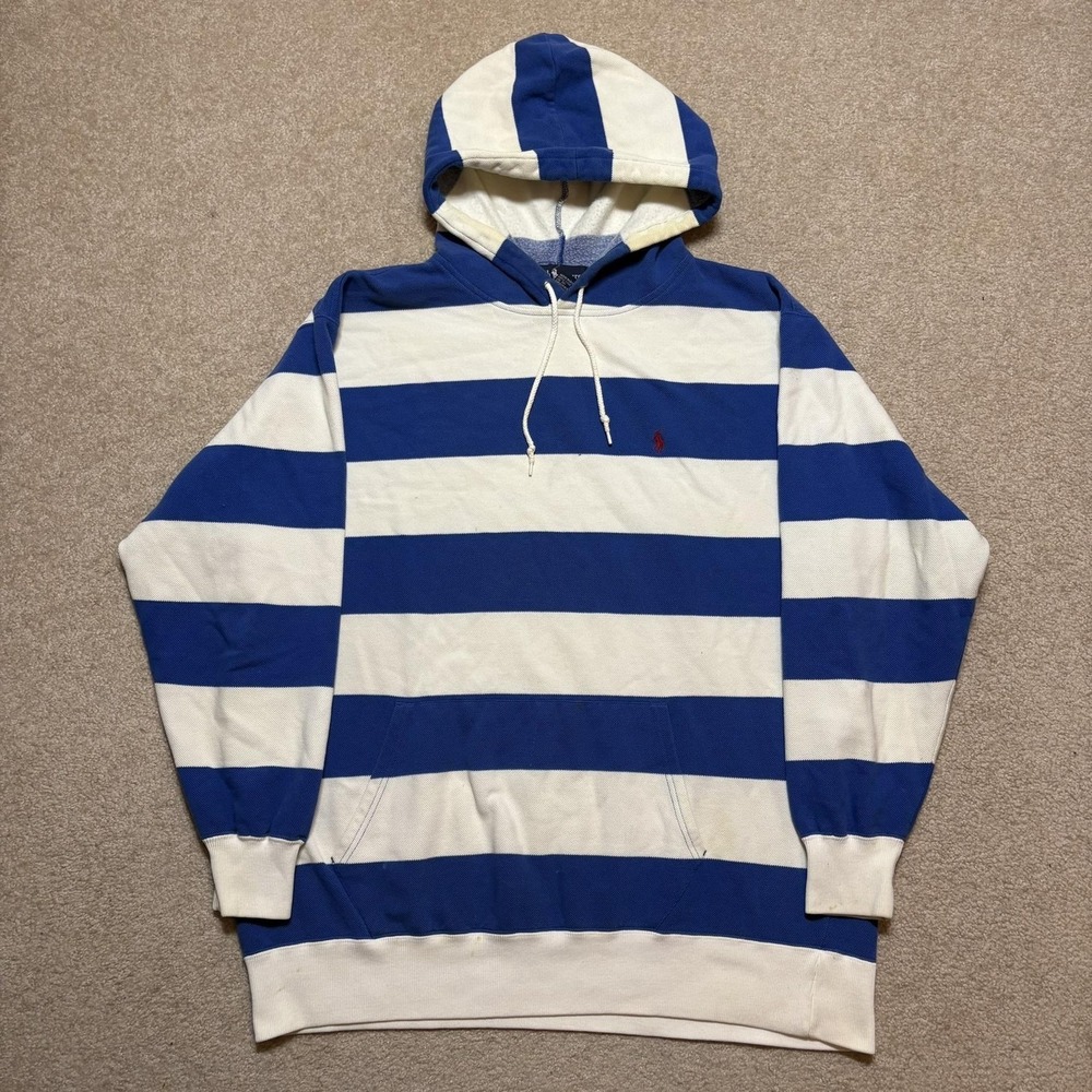 Vtg Ralph Lauren Hoodie Sweatshirt Large Blue White Striped Rugby Preppy 80s 90s